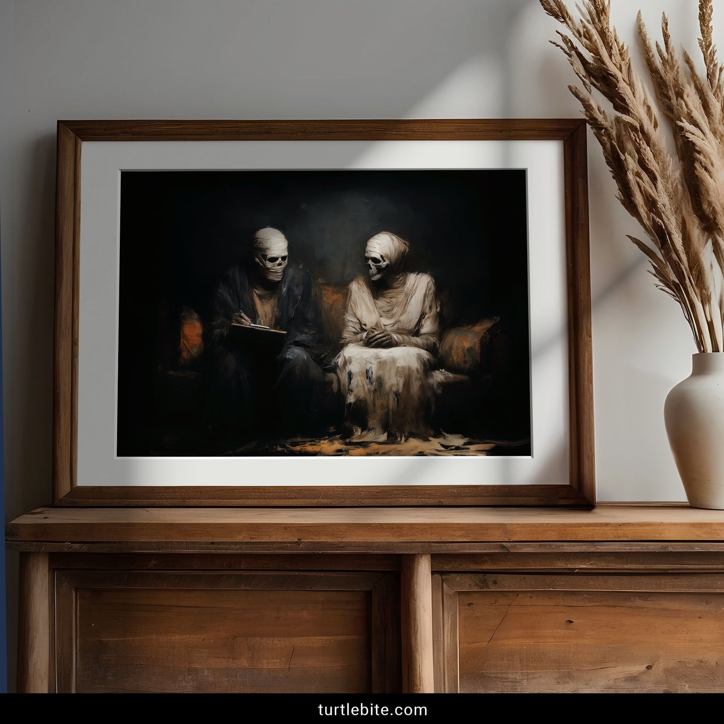 Memento mori wall art with mummy couple seated on couch in moody earth tone horror poster