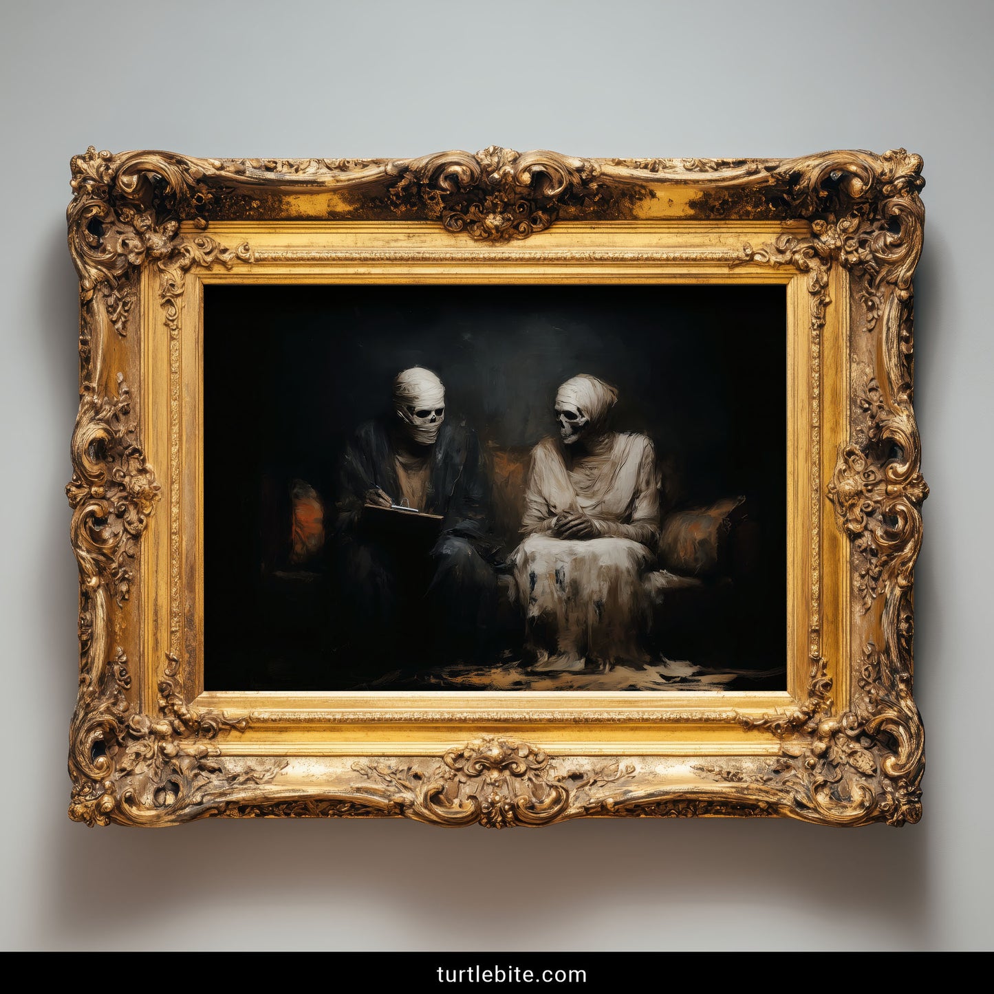 Dark humor skeleton art showing wrapped mummies in relationship counseling gothic home decor