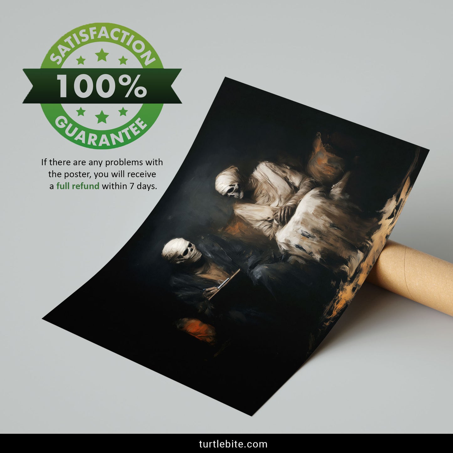 Dark humor skeleton art showing wrapped mummies in relationship counseling gothic home decor