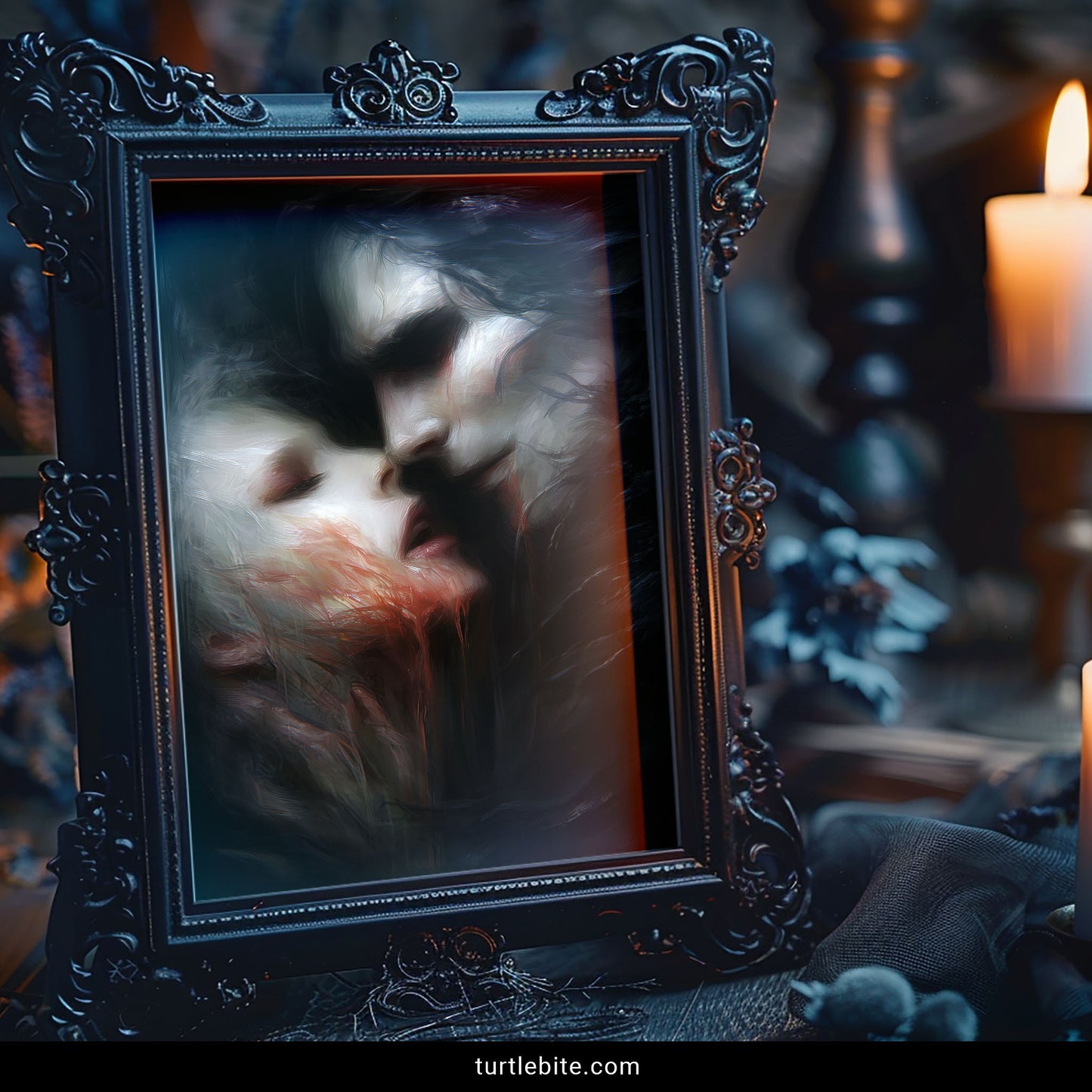 Macabre wall decor featuring pale vampire victim in surrender pose with crimson blood trails