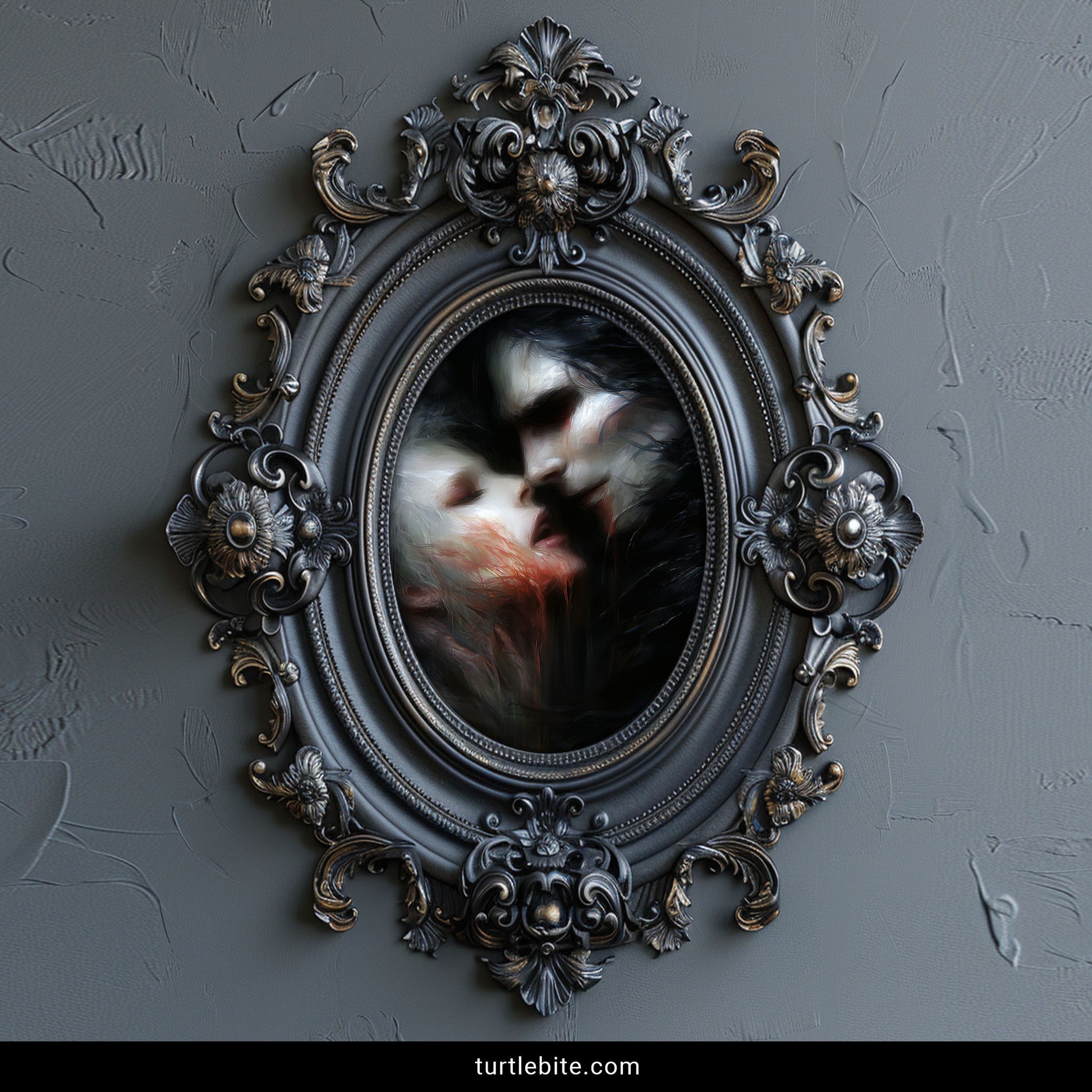 Sinister romance gothic painting print with impressionistic brushwork and dramatic shadows