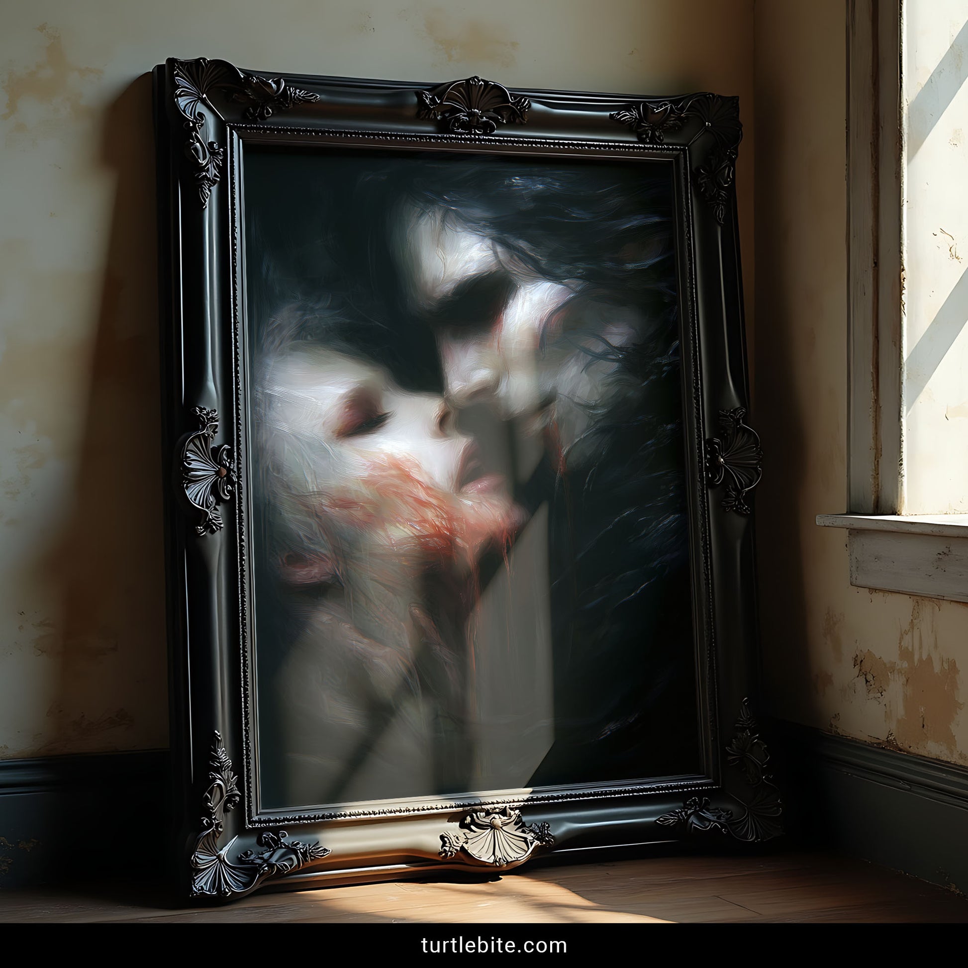 Sinister romance gothic painting print with impressionistic brushwork and dramatic shadows
