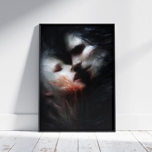 Gothic vampire art print showing intimate blood feeding scene with dark romantic aesthetic