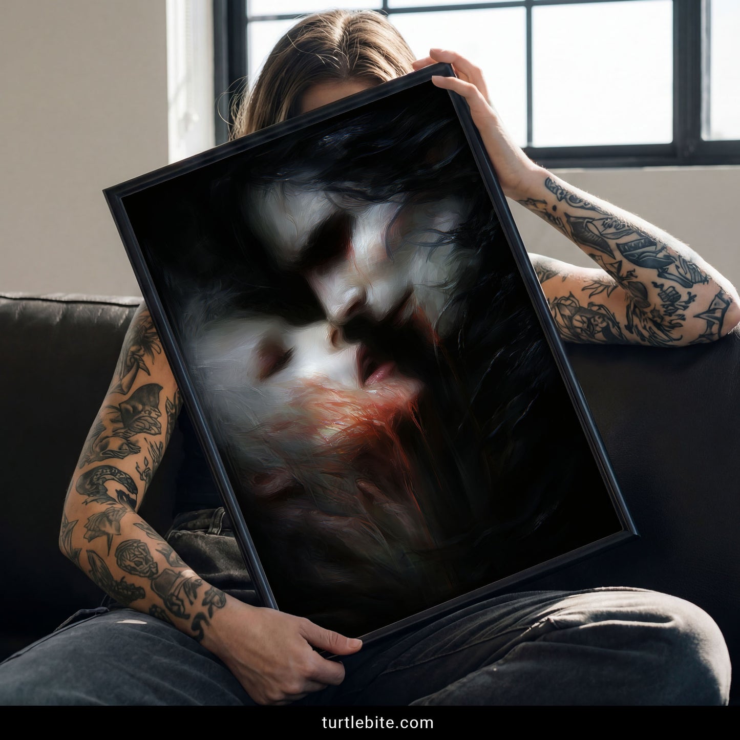Macabre wall decor featuring pale vampire victim in surrender pose with crimson blood trails
