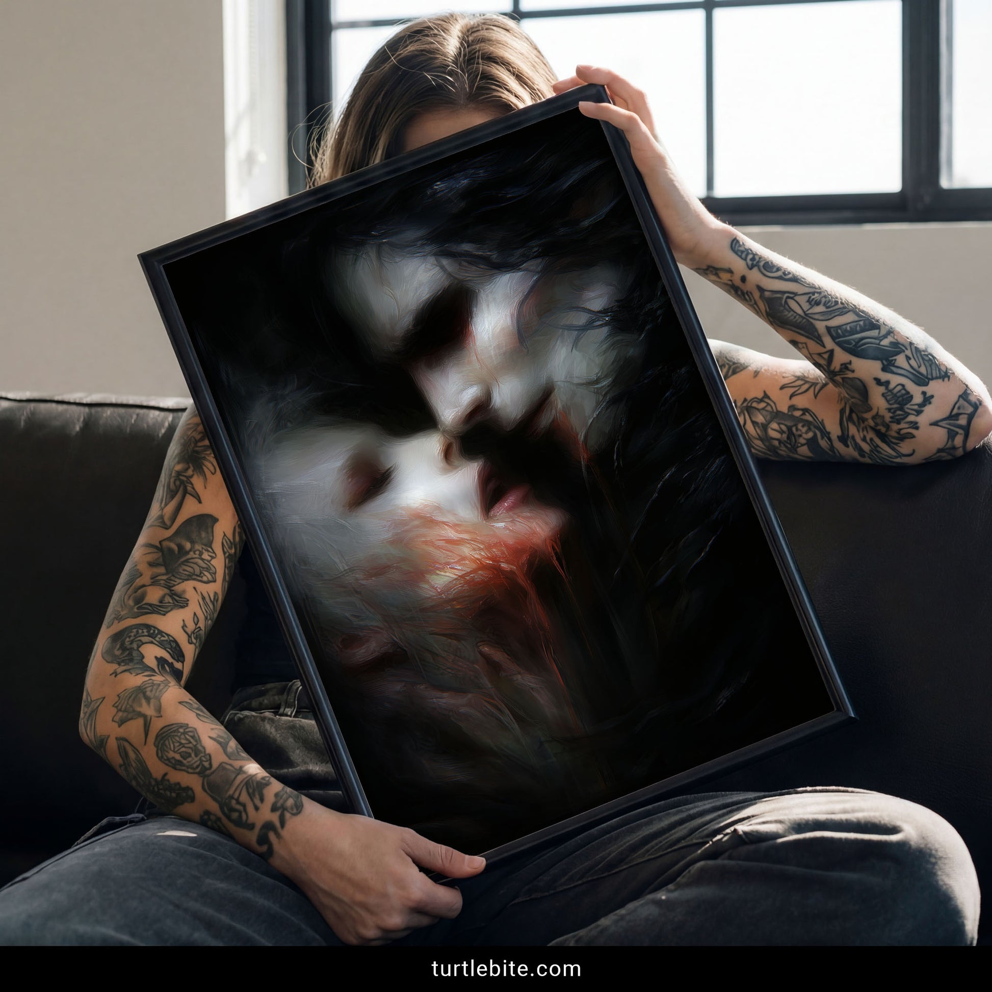 Macabre wall decor featuring pale vampire victim in surrender pose with crimson blood trails