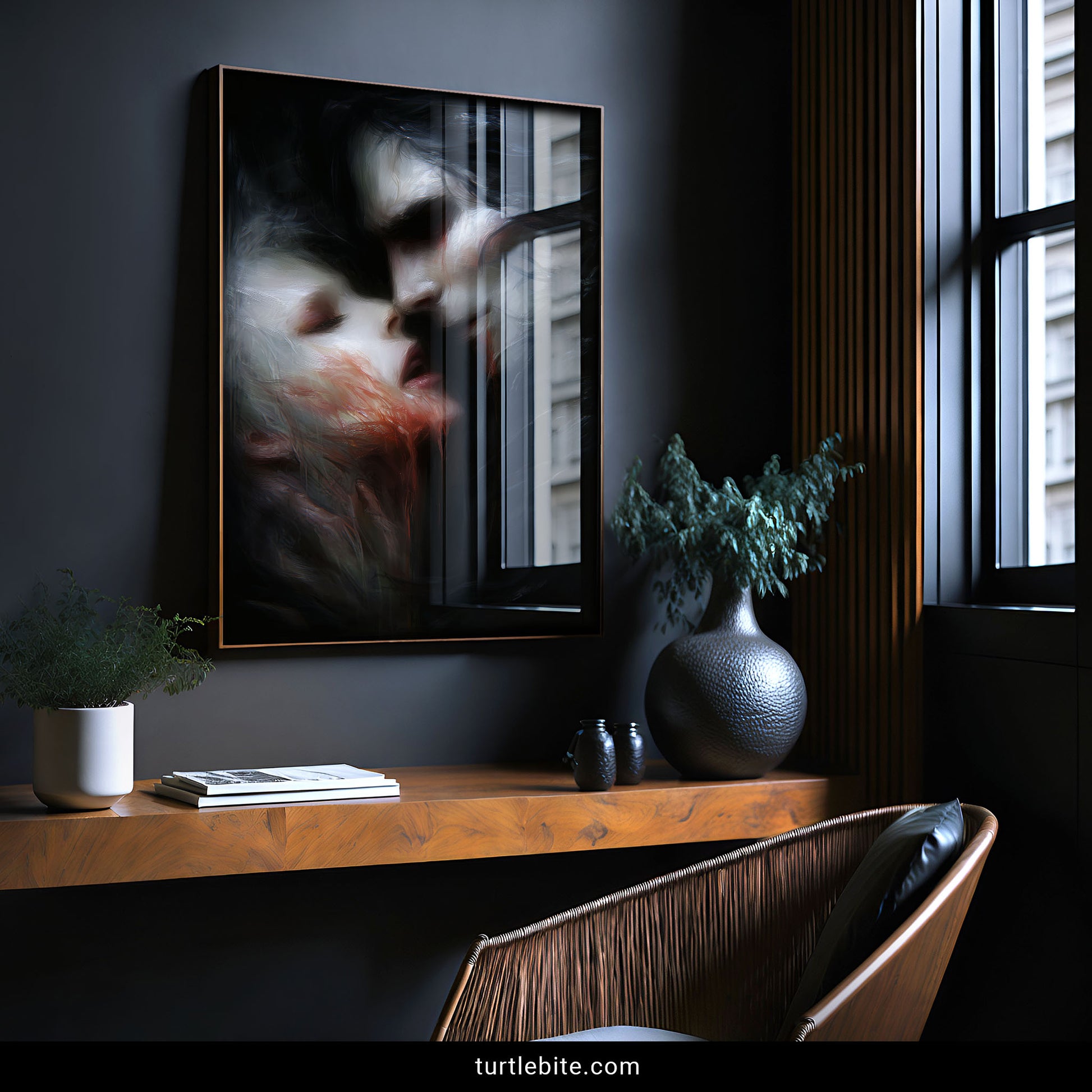 Horror poster art depicting dark romance between vampire and human in painterly baroque style