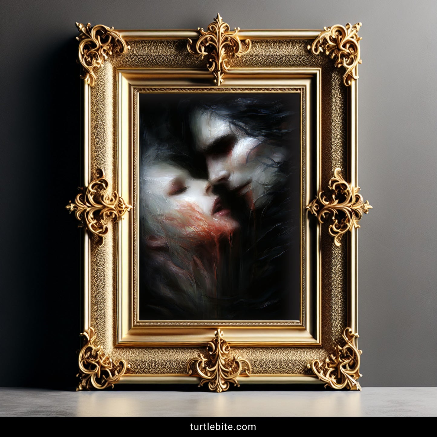 Horror poster art depicting dark romance between vampire and human in painterly baroque style
