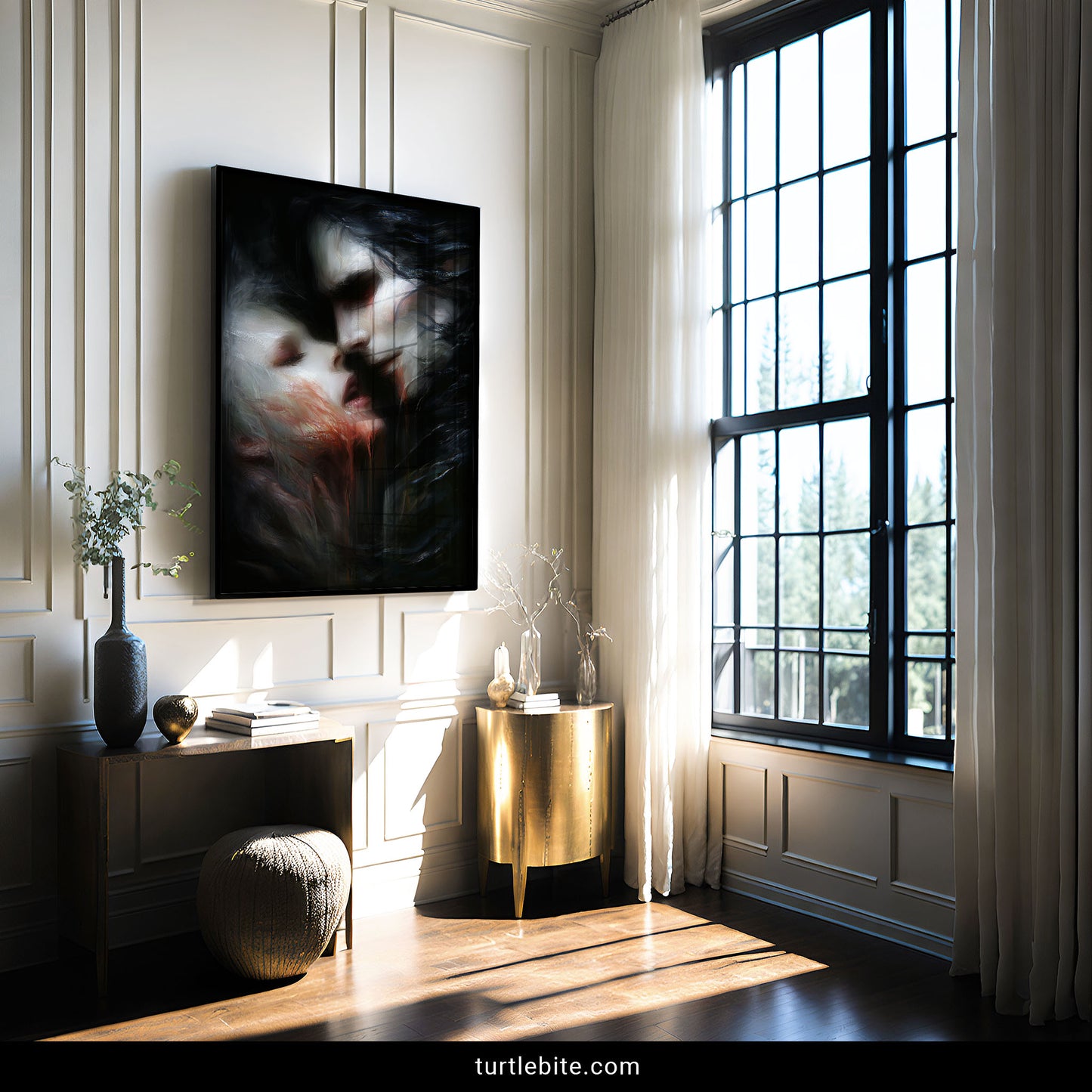 Dark angels vampire embrace art with memento mori theme for alternative home decor