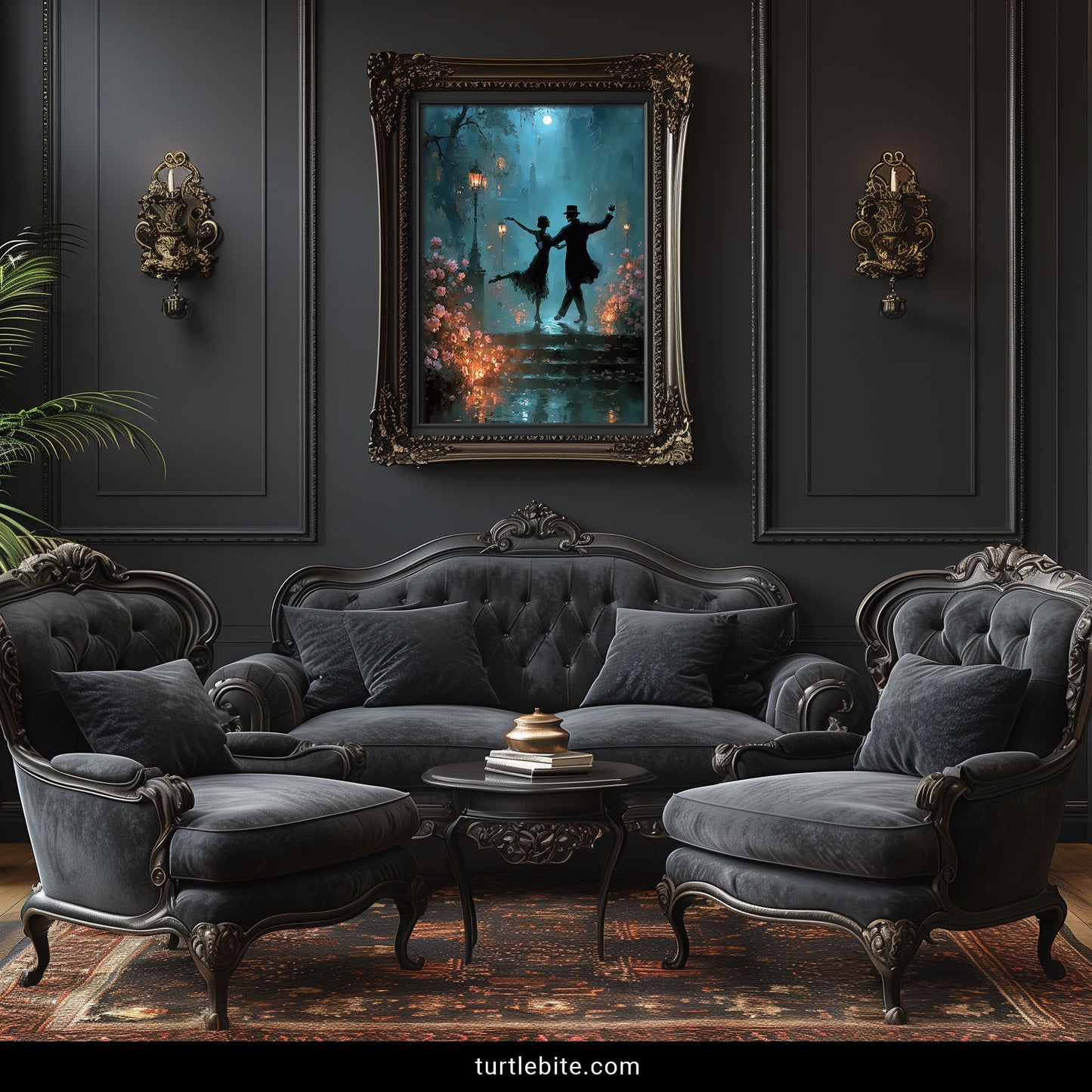 Moody teal atmospheric print showing silhouetted dancers beneath full moon, whimsigoth decor poster