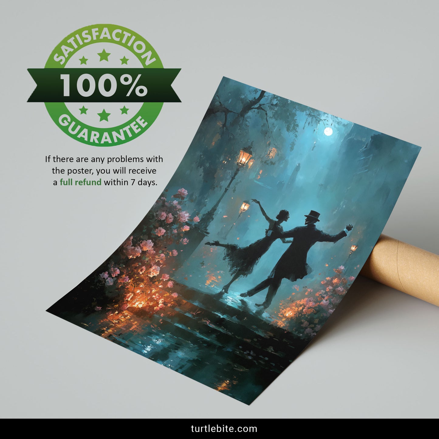 Mysterious vintage-style artwork with Victorian figures dancing in misty moonlight, gothic home decor