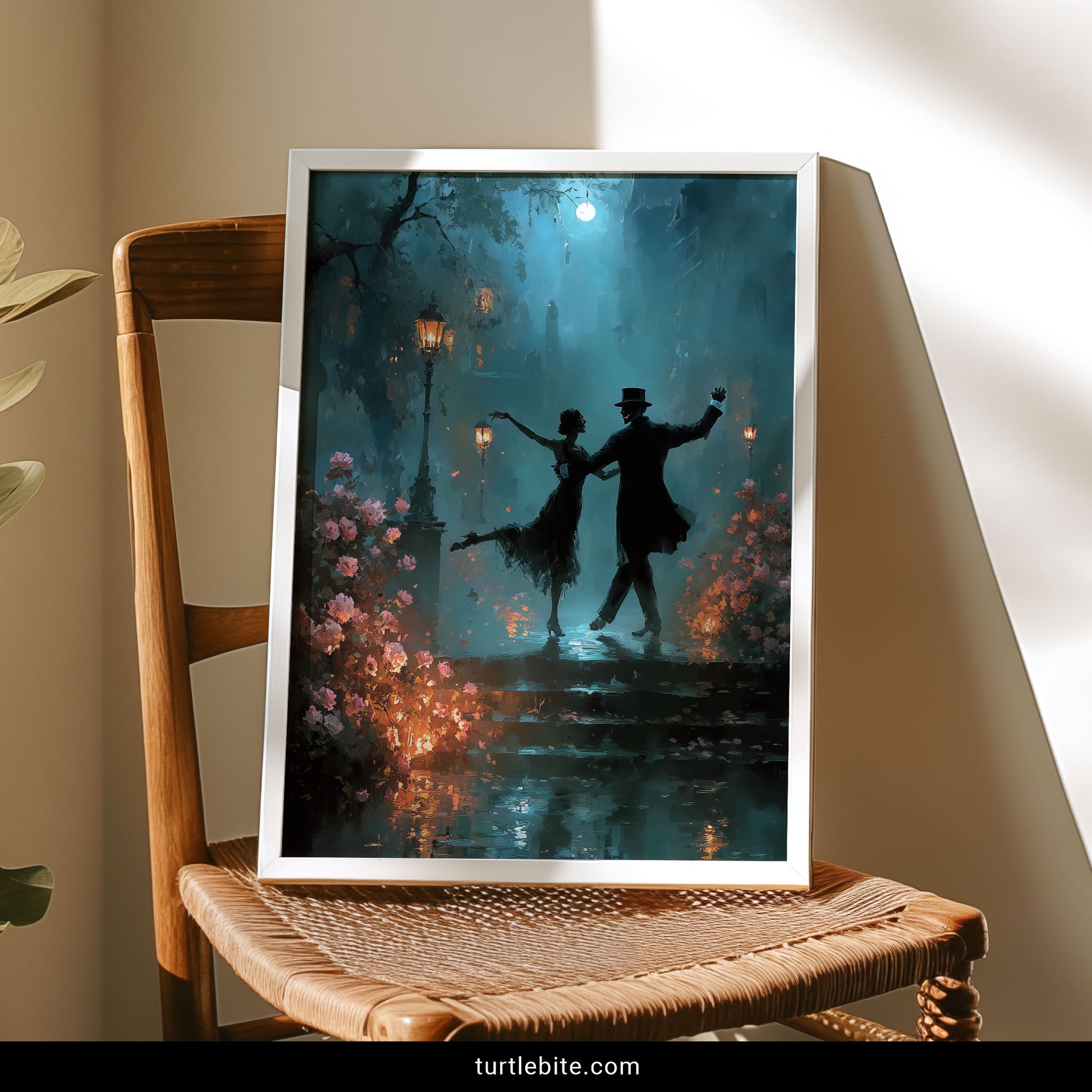 Moody teal atmospheric print showing silhouetted dancers beneath full moon, whimsigoth decor poster