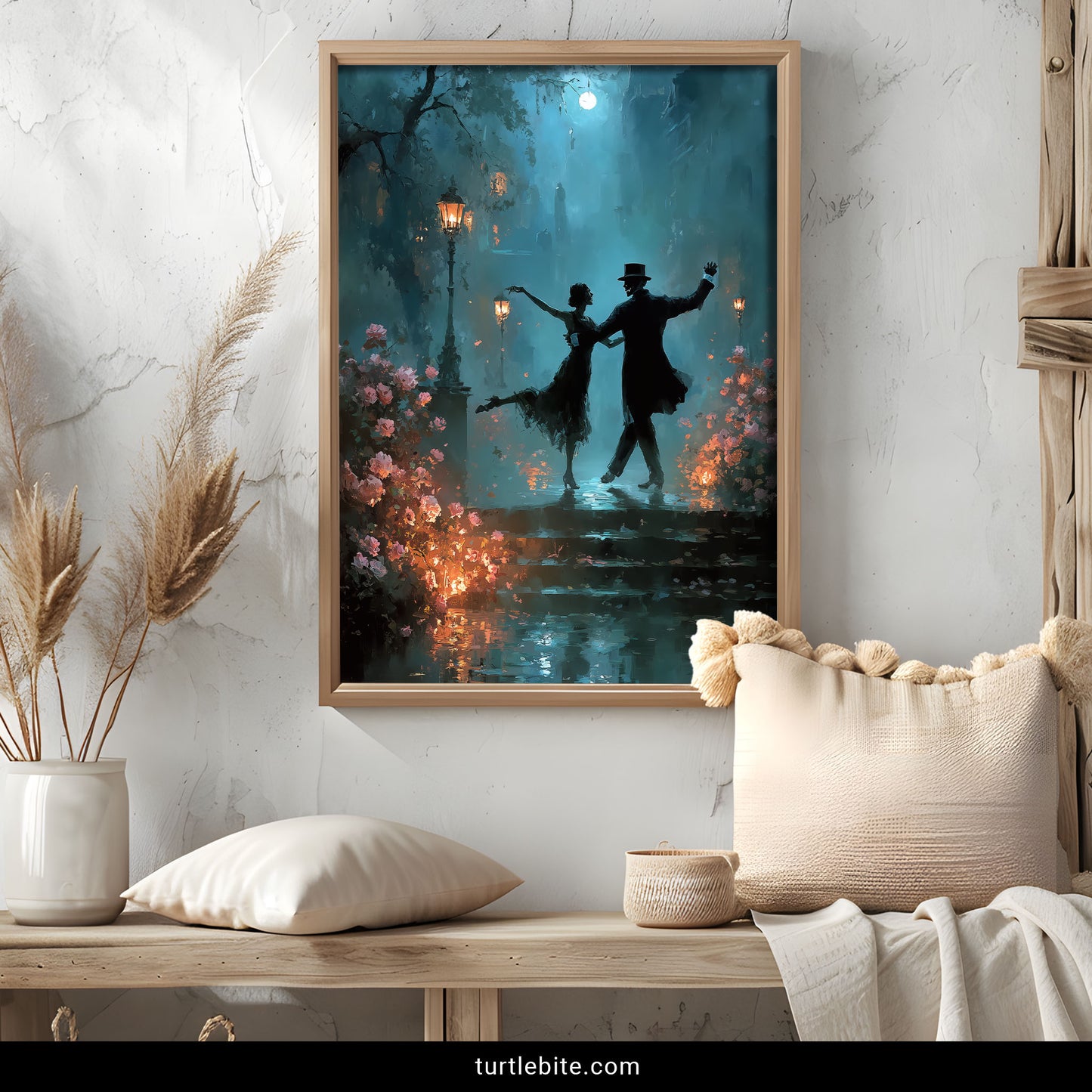 Mysterious vintage-style artwork with Victorian figures dancing in misty moonlight, gothic home decor