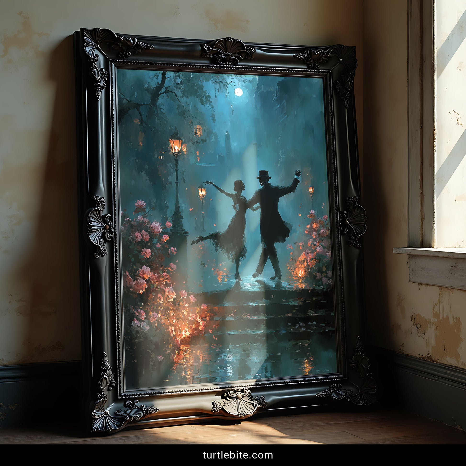 Dark romantic wall art featuring moonlit dance scene with gas lamps and wild roses, surreal gothic print