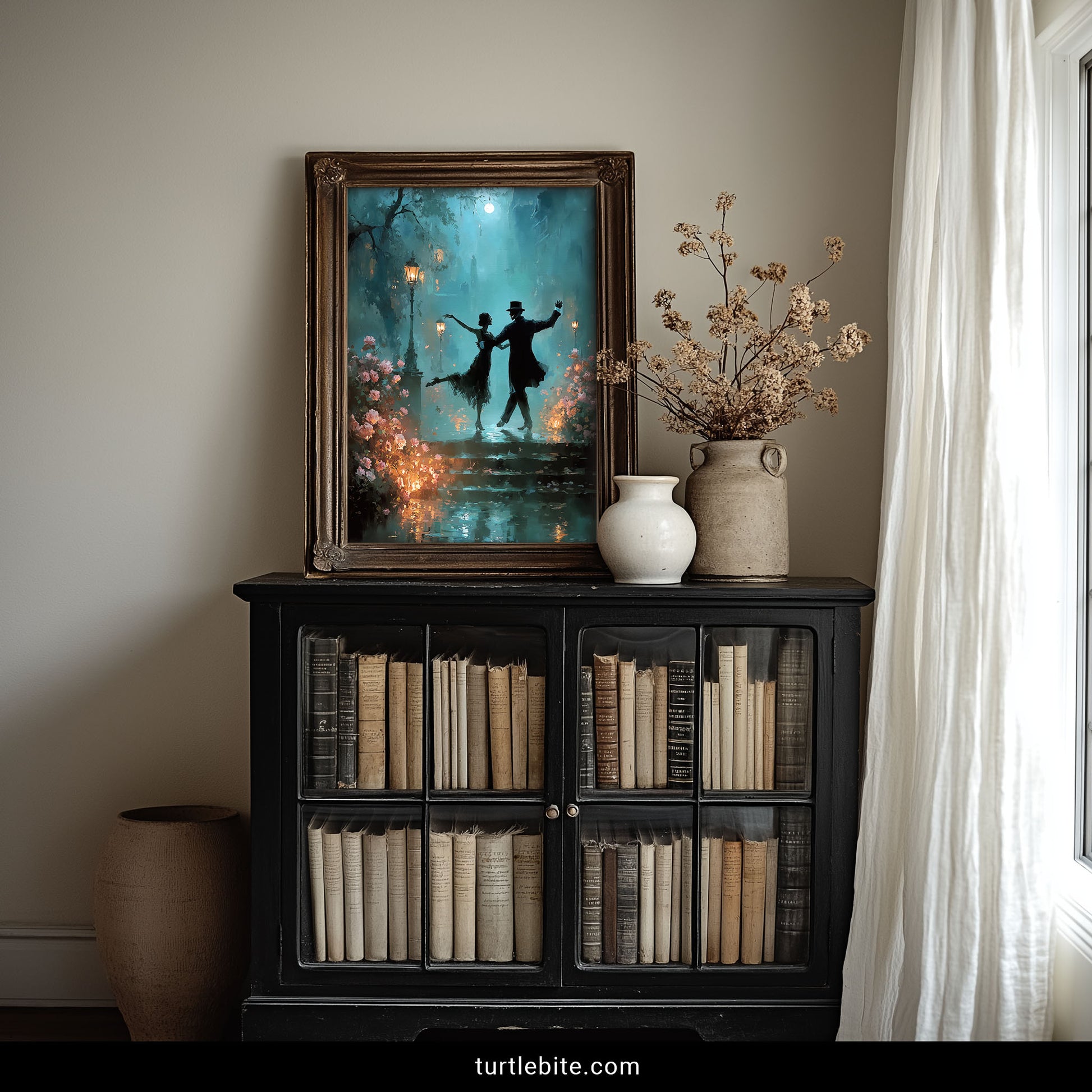 Victorian gothic poster with dancing silhouettes in atmospheric moonlight garden, mysterious moody art