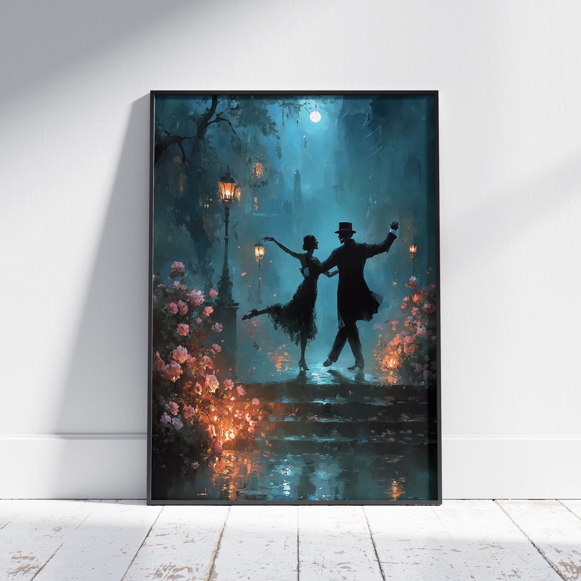 Gothic Victorian couple dancing in moonlit garden with roses and vintage lanterns, dark romantic wall art