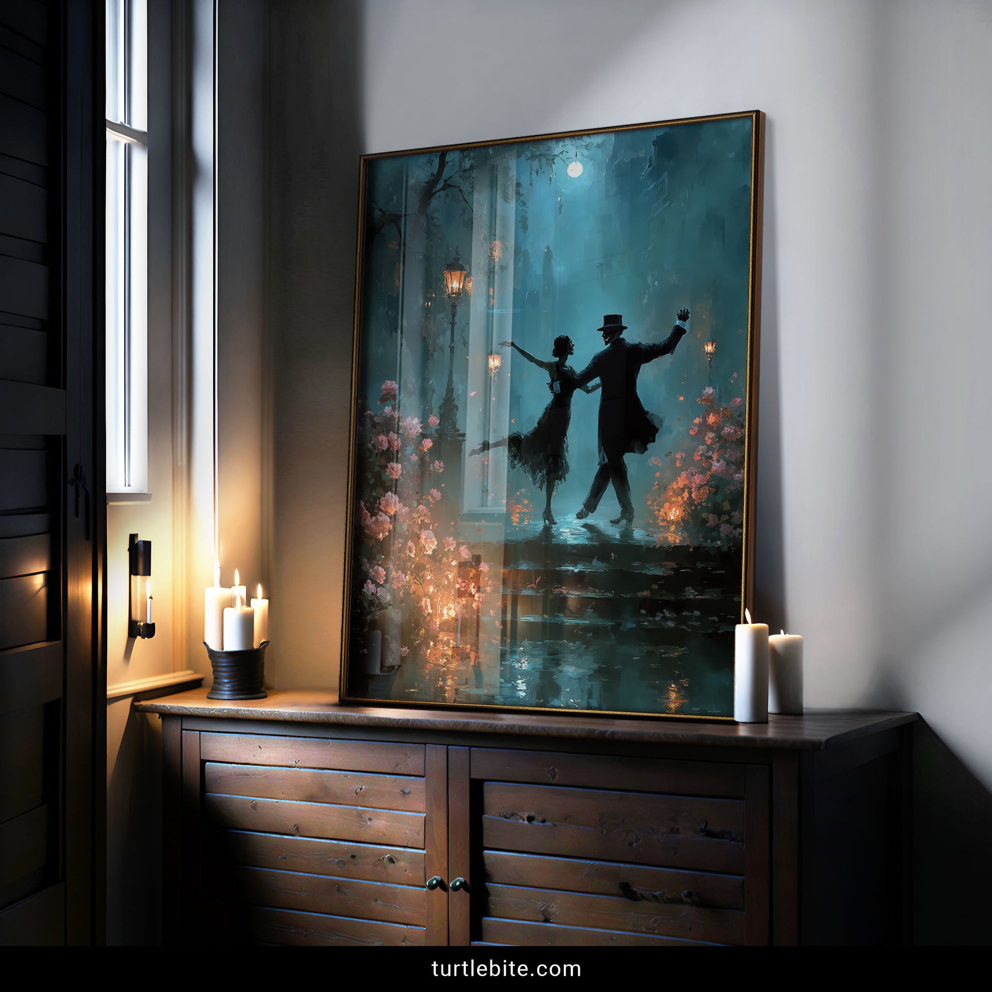 Dark romantic wall art featuring moonlit dance scene with gas lamps and wild roses, surreal gothic print