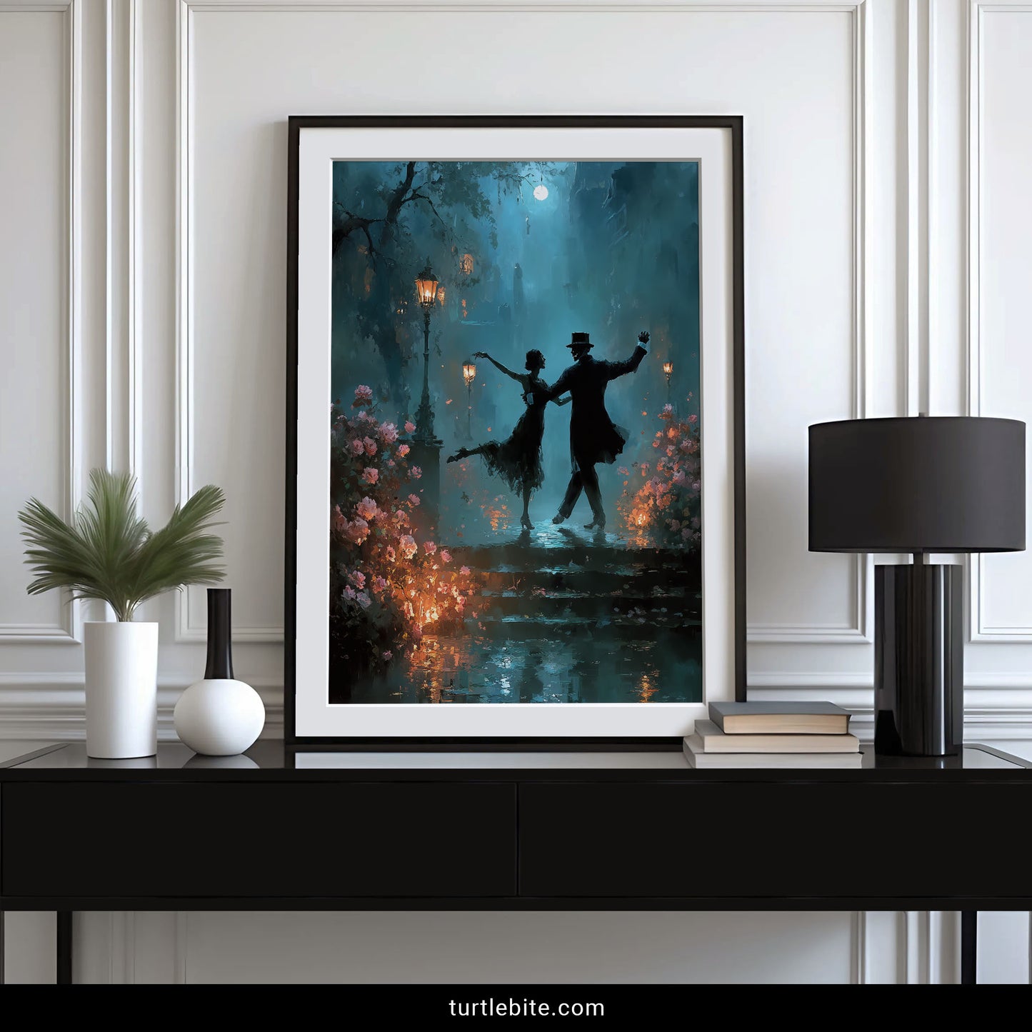 Victorian gothic poster with dancing silhouettes in atmospheric moonlight garden, mysterious moody art