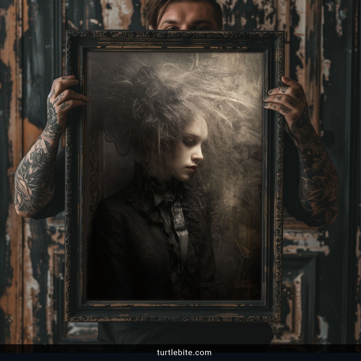 Windswept hair art showing gothic woman with wild flowing hair in dark atmospheric portrait