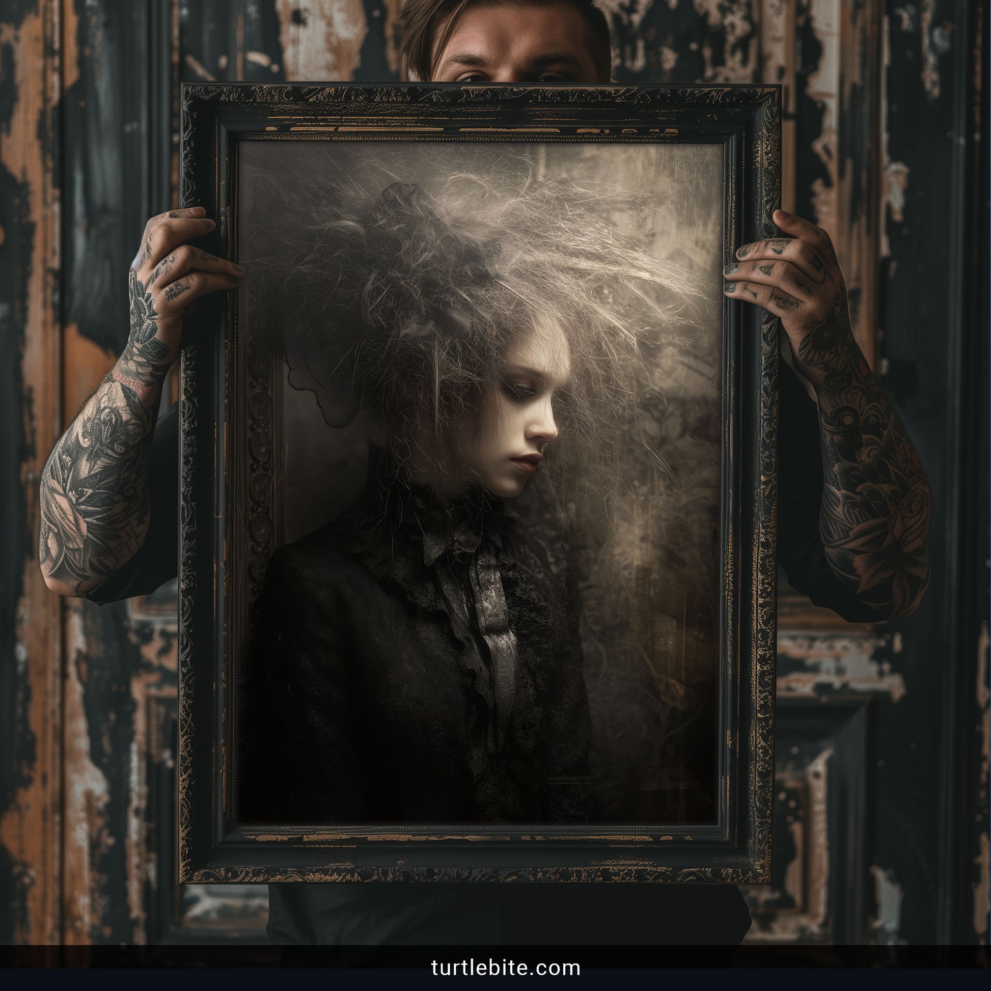 Windswept hair art showing gothic woman with wild flowing hair in dark atmospheric portrait