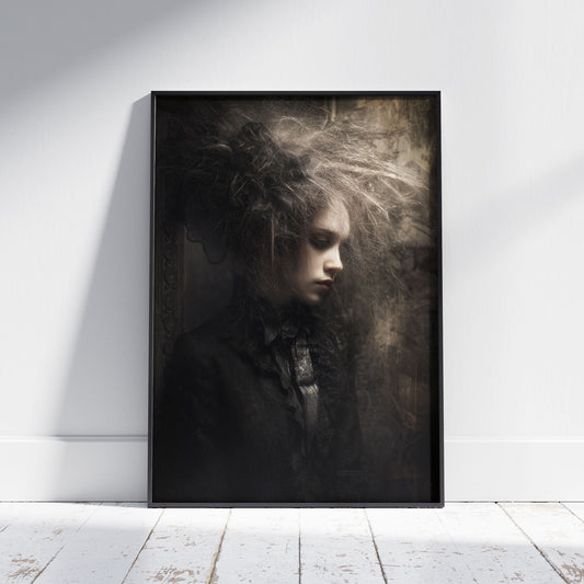 Gothic bad hair day art print featuring woman with wild windswept messy hair in dramatic sepia tones