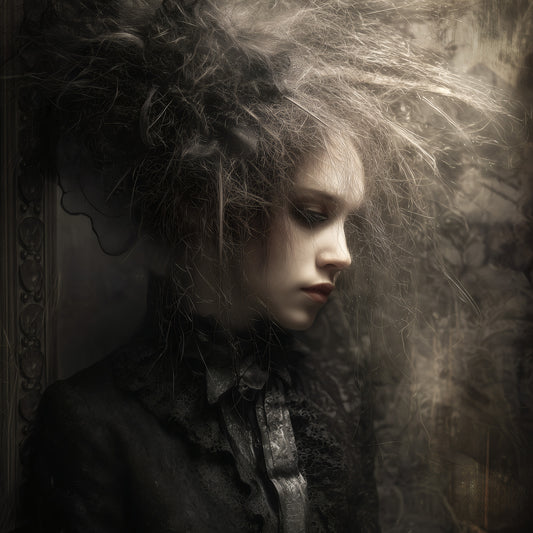 Wild hair portrait poster showing gothic woman with chaotic untamed hair in moody atmospheric style