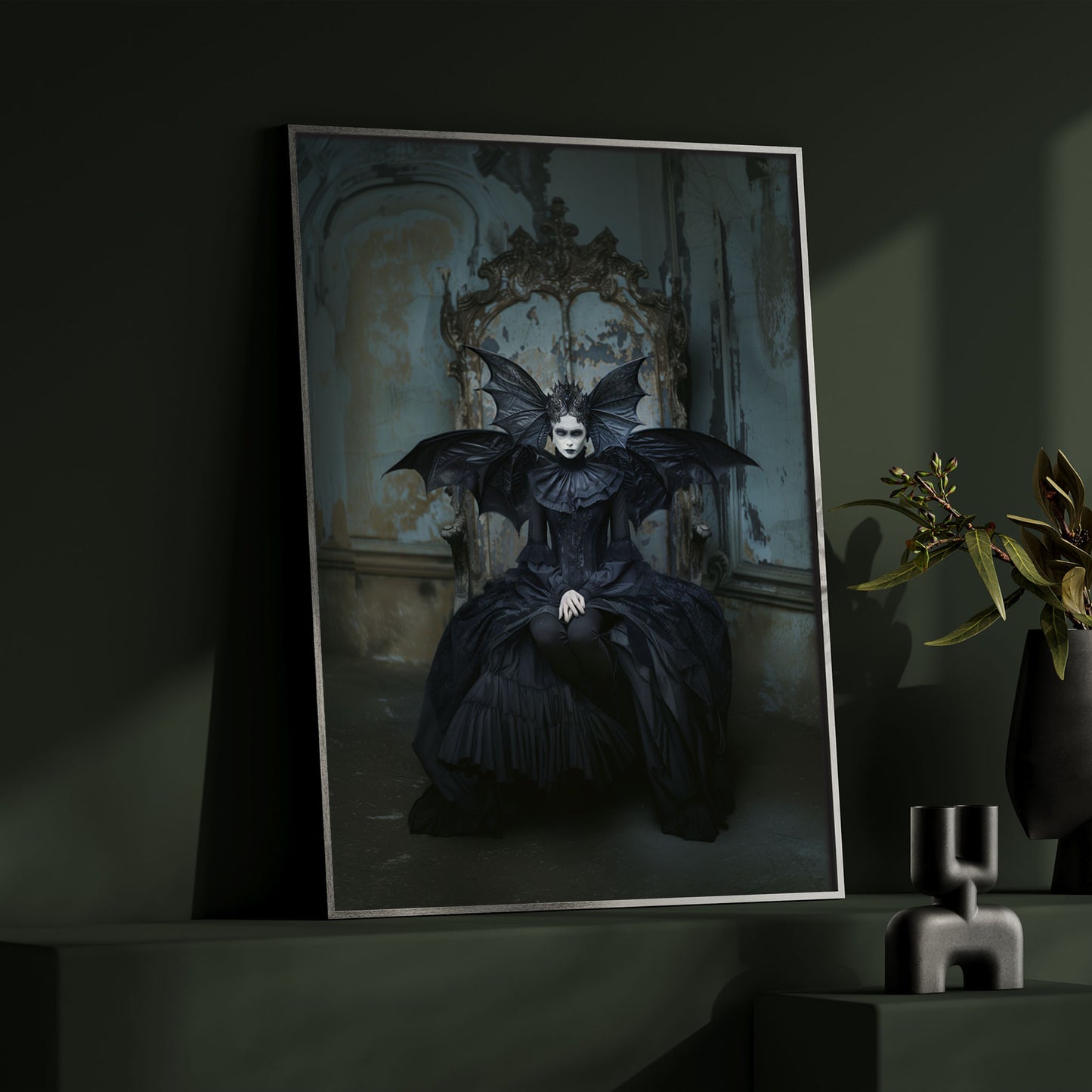 Dark Gothic Woman in Black Bat Dress - Wall Art