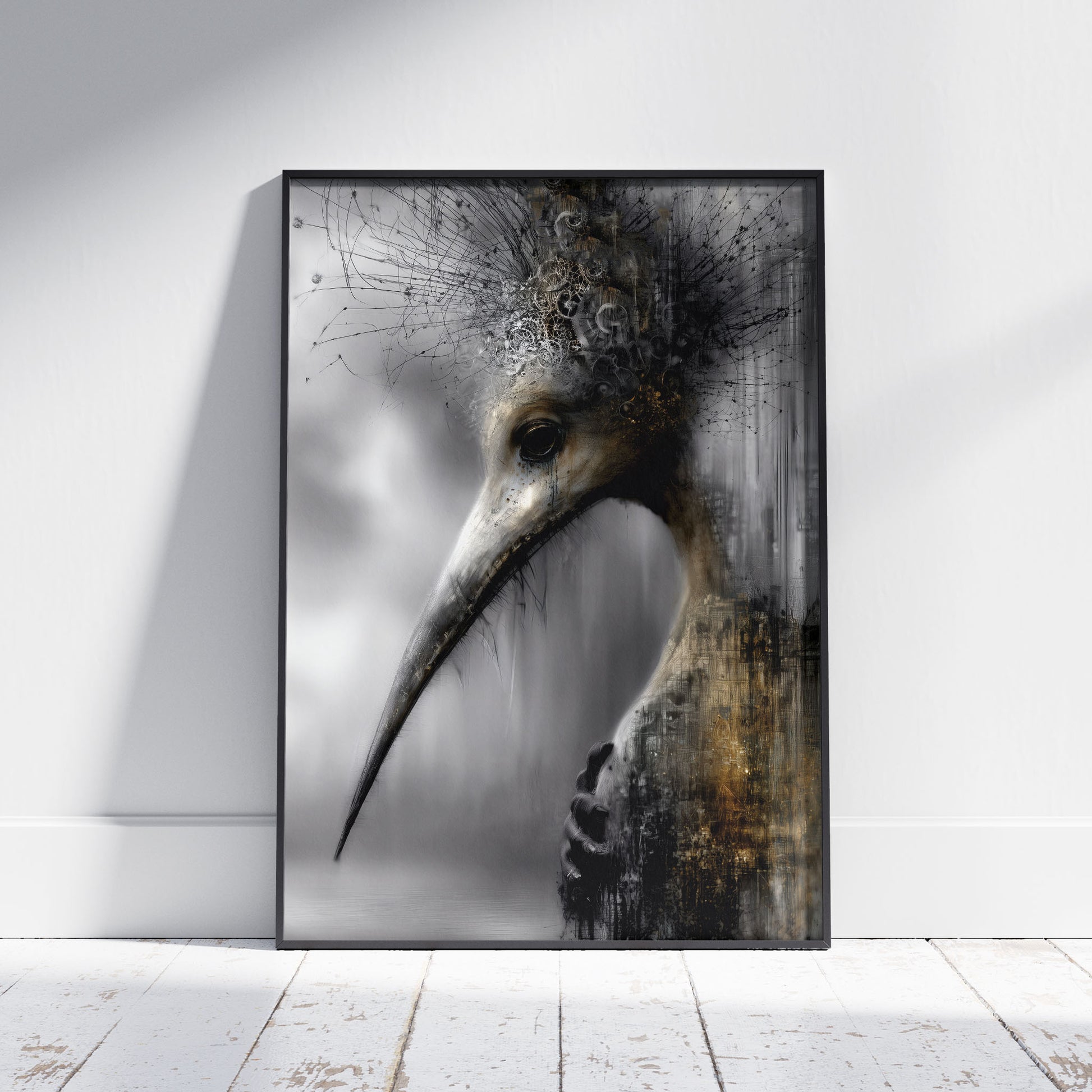Gothic bird art print with long beak, mechanical crown, and dark surreal background