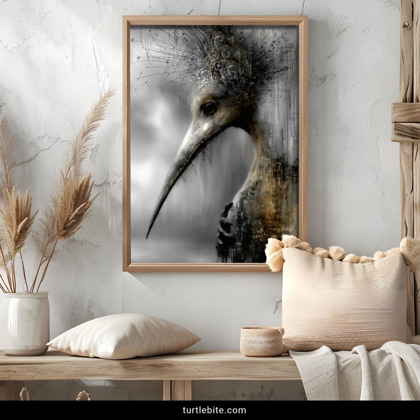 Gothic bird art print with long beak, mechanical crown, and dark surreal background