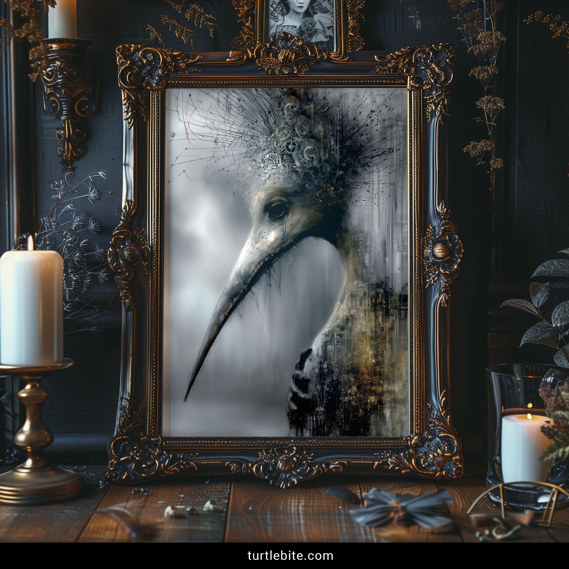 Dark fantasy steampunk bird portrait poster with gold and grey tones