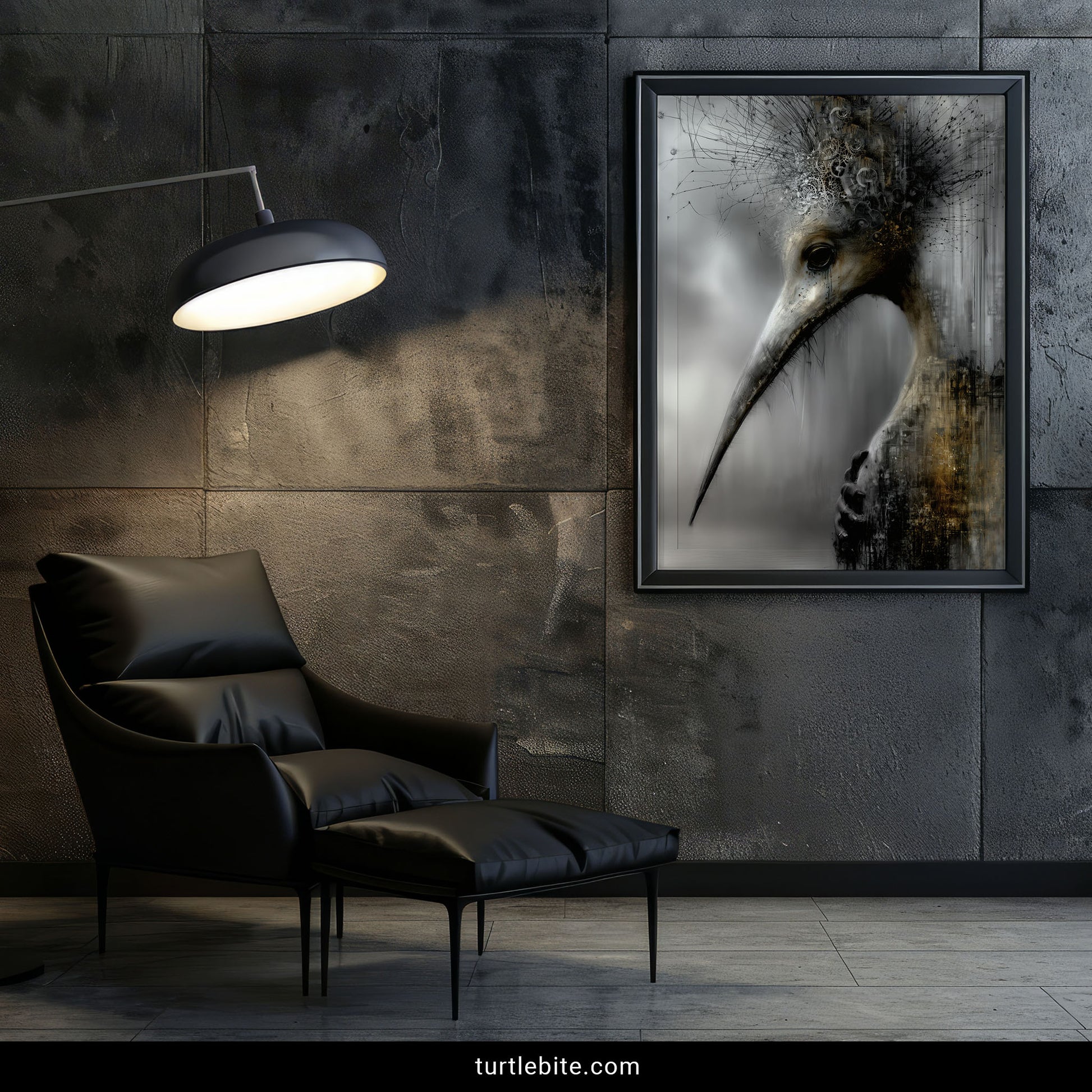 Dark fantasy steampunk bird portrait poster with gold and grey tones