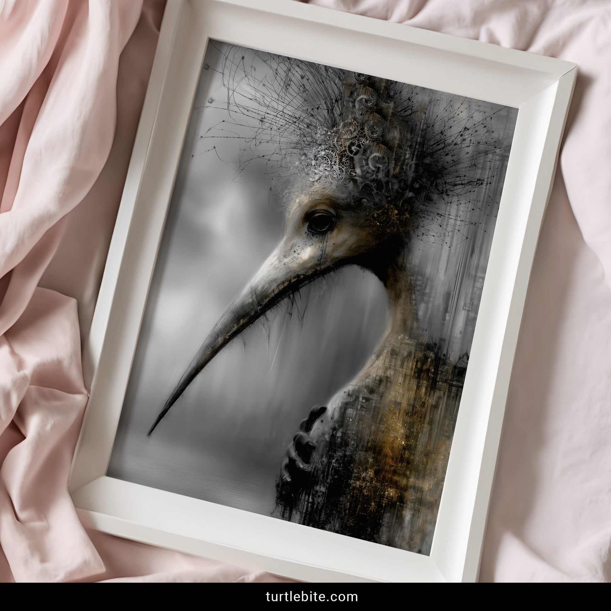 Dark fantasy steampunk bird portrait poster with gold and grey tones