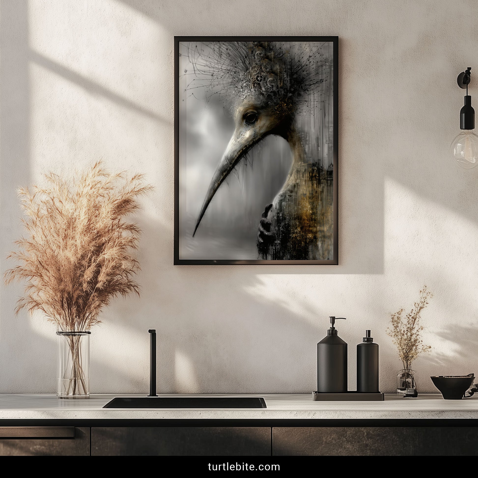 Plague doctor bird surreal wall art with gear crown and gothic architecture