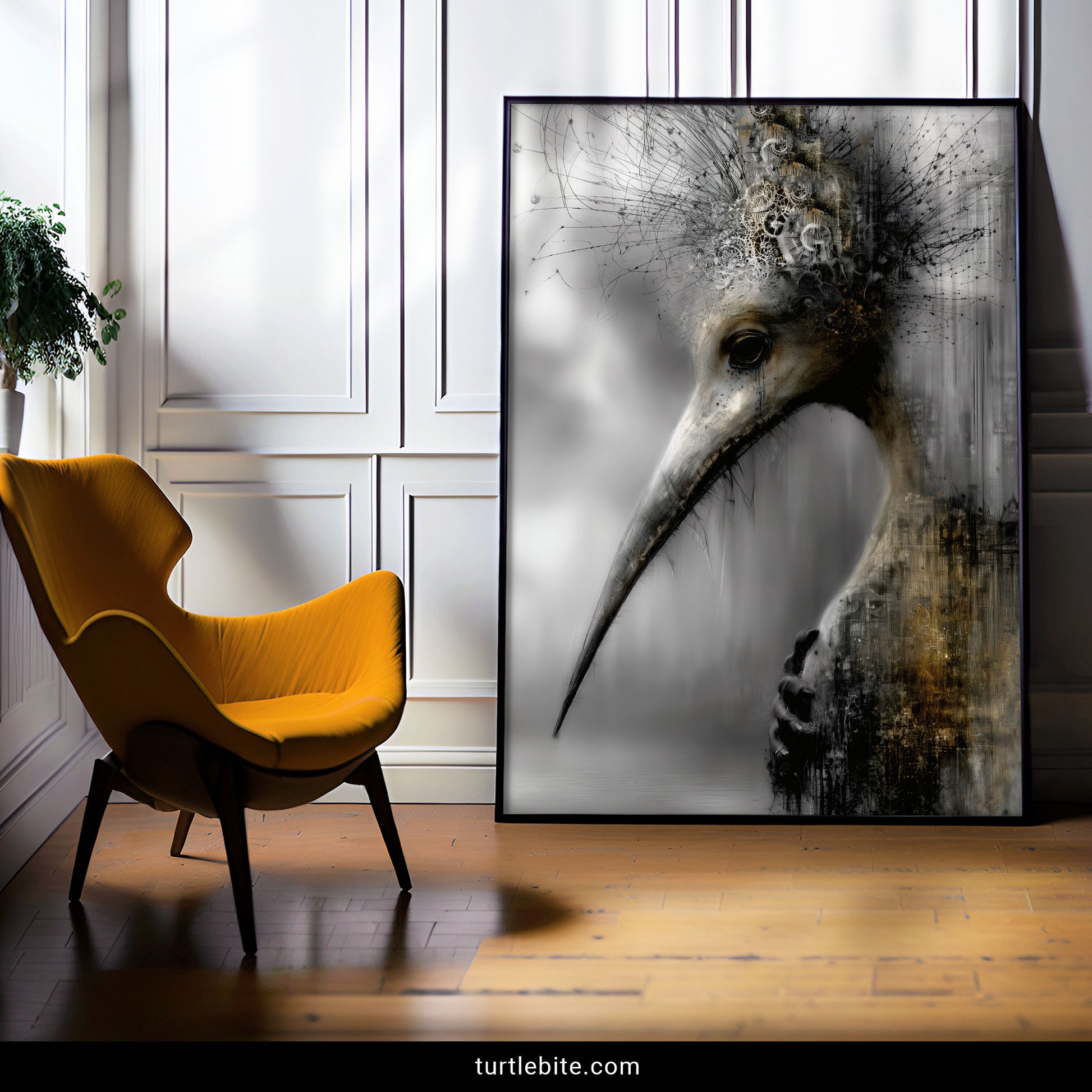 Creepy gothic bird painting with single eye, silver beak and ghostly ruins backdrop