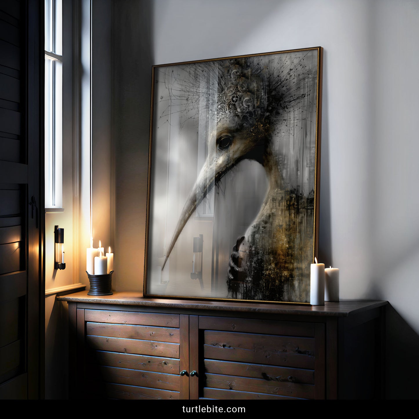 Macabre dark art print featuring ornate bird creature with clockwork filigree
