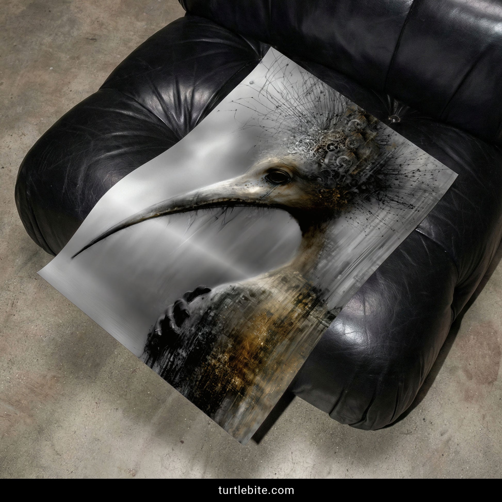 Plague doctor bird surreal wall art with gear crown and gothic architecture