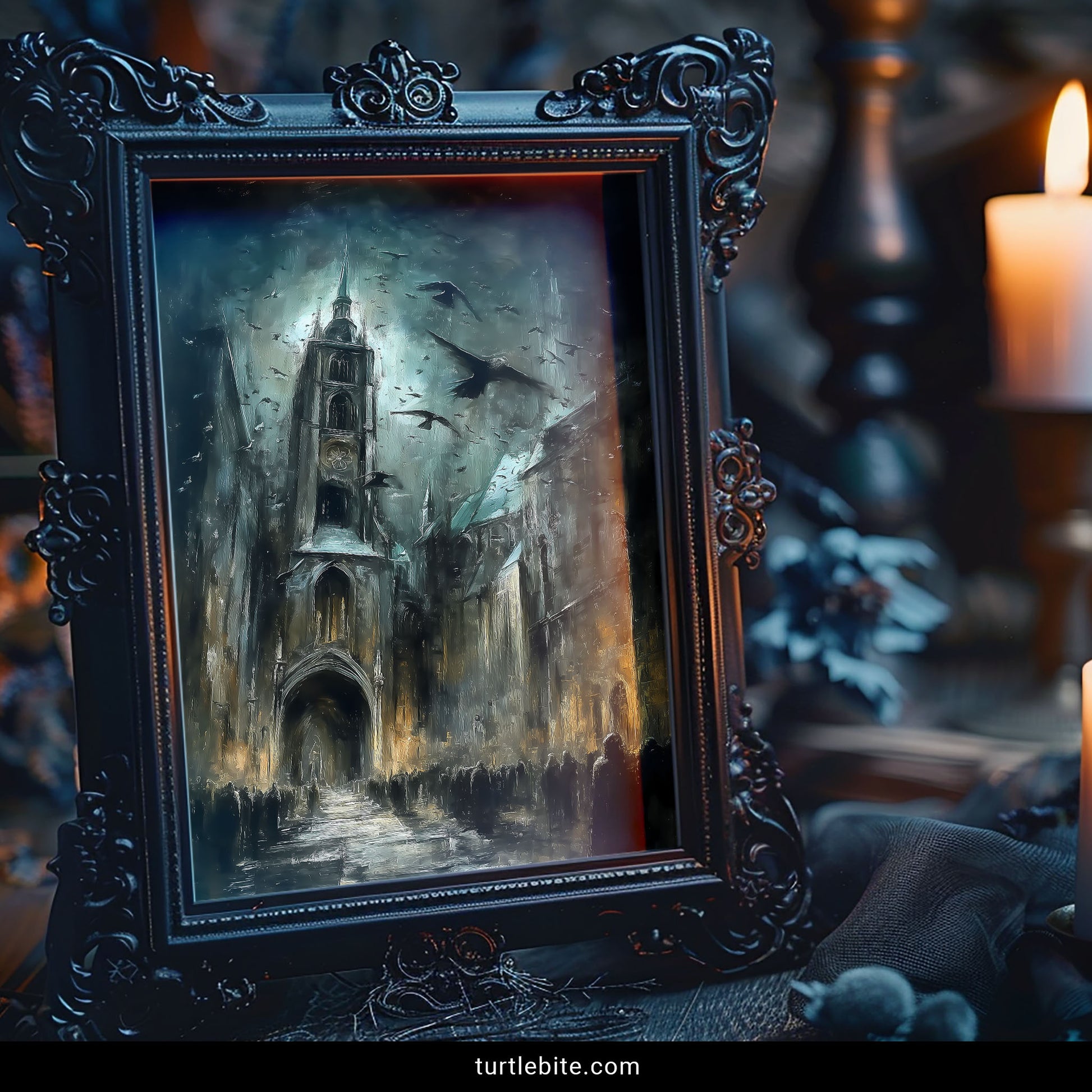 Dark architecture wall art showing towering cathedral with moody sky and gathering crowd