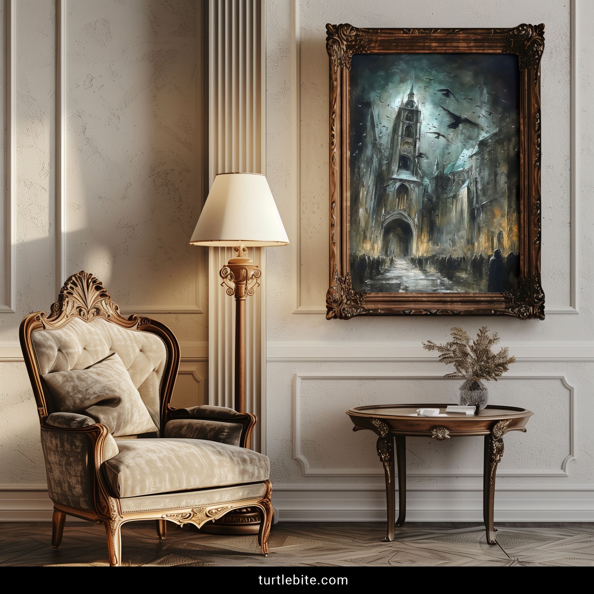 Dark architecture wall art showing towering cathedral with moody sky and gathering crowd