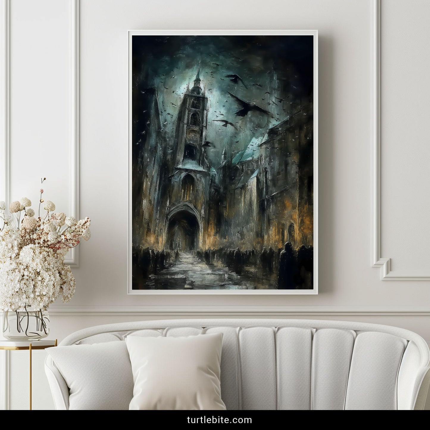 Dark architecture wall art showing towering cathedral with moody sky and gathering crowd