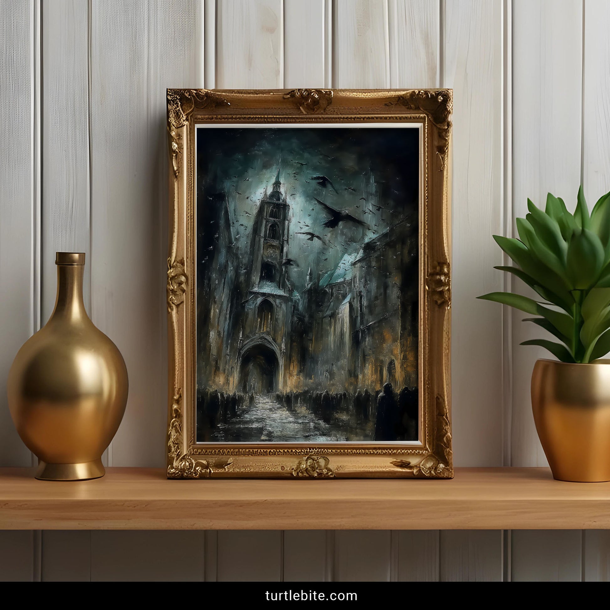 Moody cathedral poster featuring baroque style church with swirling birds and dramatic lighting