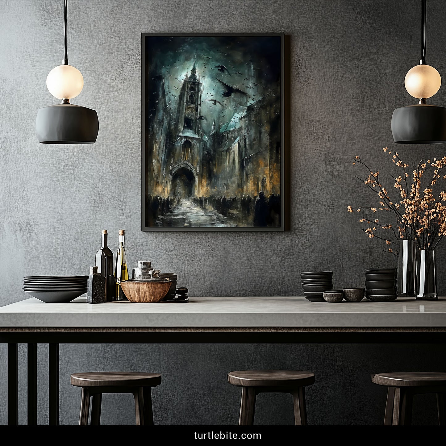 Moody cathedral poster featuring baroque style church with swirling birds and dramatic lighting