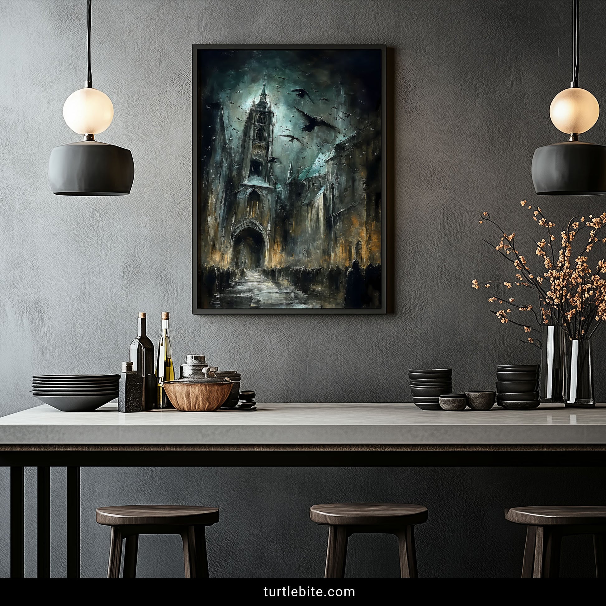 Moody cathedral poster featuring baroque style church with swirling birds and dramatic lighting