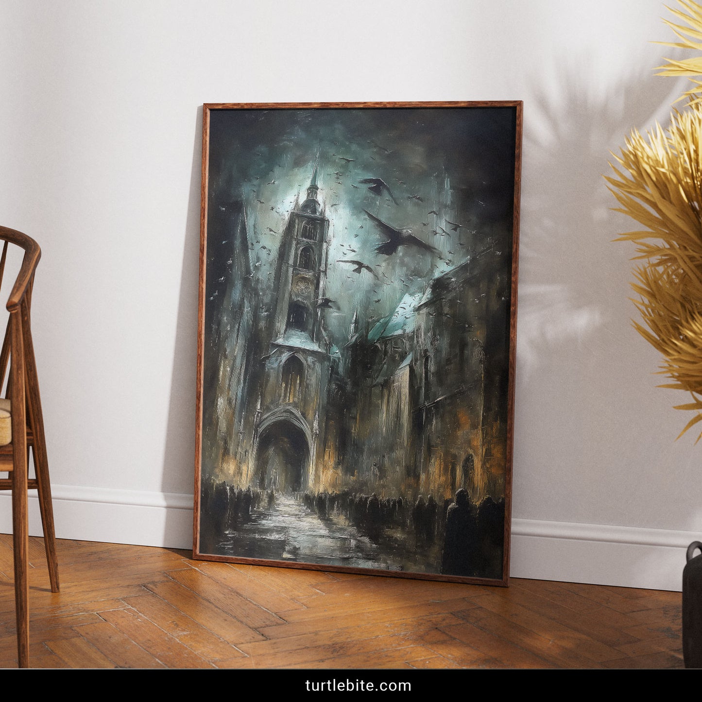 Gothic wall decor print depicting illuminated cathedral spire with ominous storm clouds