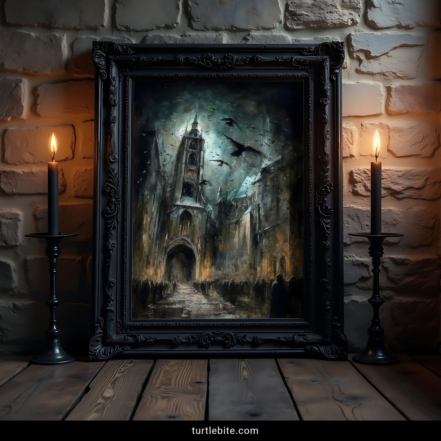 Gothic wall decor print depicting illuminated cathedral spire with ominous storm clouds