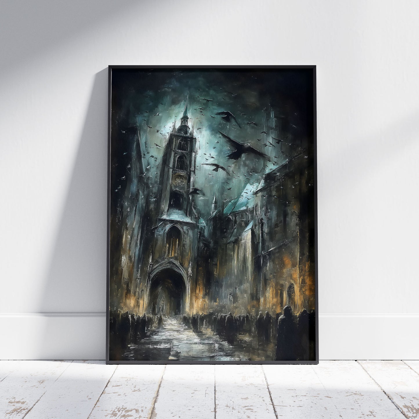 Gothic cathedral art print with crows flying through stormy clouds above shadowy figures