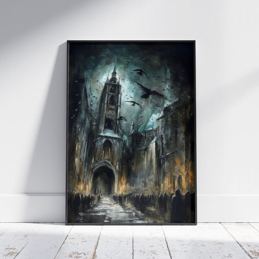 Gothic cathedral art print with crows flying through stormy clouds above shadowy figures