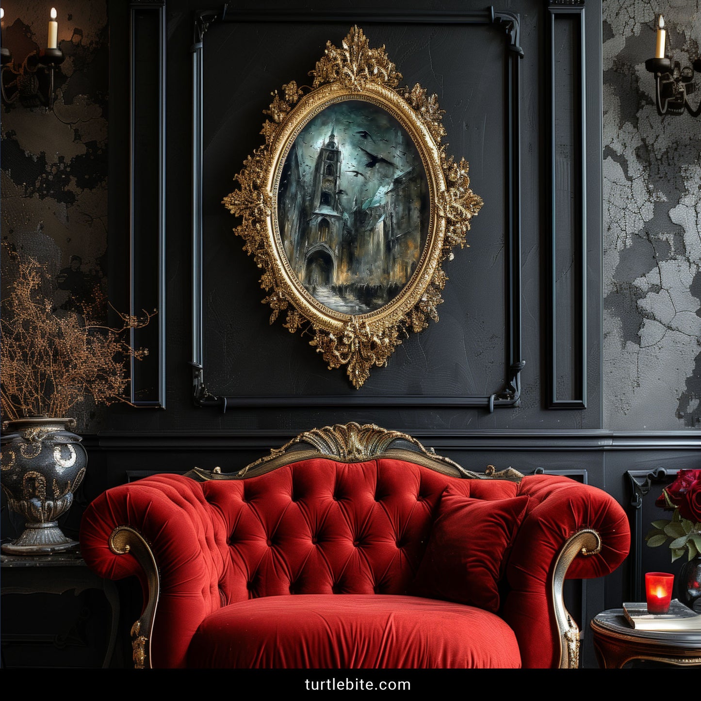 Mysterious cathedral art with painterly style showing dark figures before grand gothic architecture