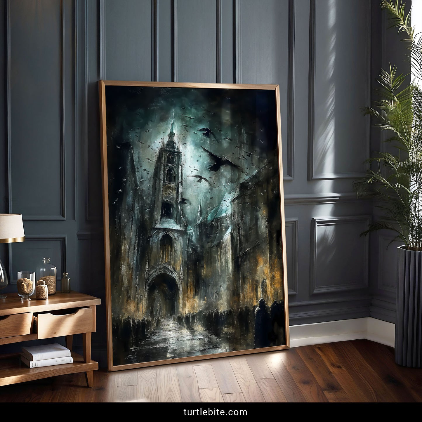Mysterious cathedral art with painterly style showing dark figures before grand gothic architecture