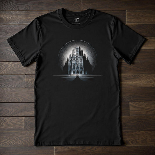 Gothic cathedral t-shirt with moon design on black fabric