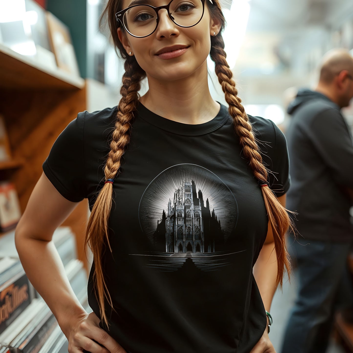 Gothic cathedral t-shirt with moon design on black fabric