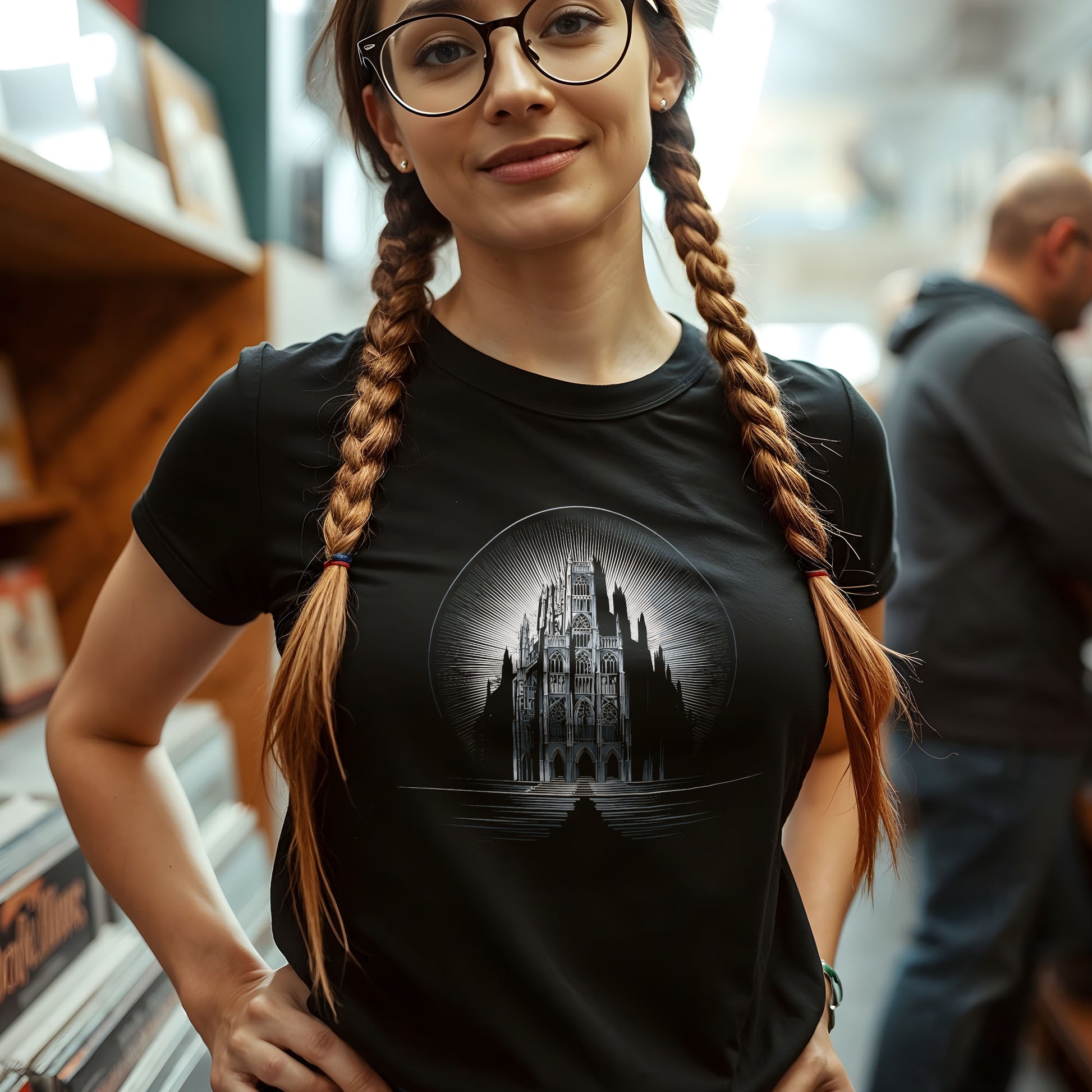 Gothic cathedral t-shirt with moon design on black fabric